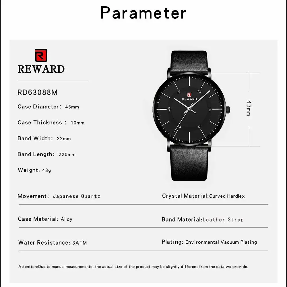 

REWARD Classic Black Watches Quartz Movement with Leather Strap Waterproof Thin Case Business Watches Relogio Masculino