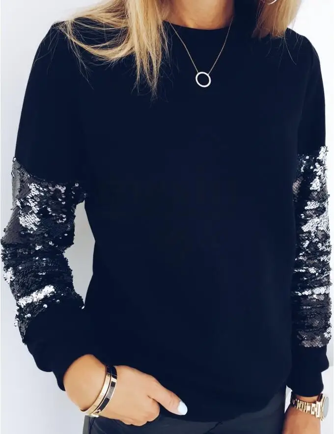 Женский свитшот с рукавами реглан повседневный черный Свитшот блестками осень