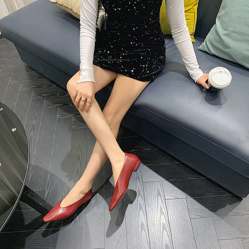 

FEDONAS Concise Women SheepSkin Casual Pumps Spring Summer Shallow Pointed Toe Basic Shoes Retro Square High Heels Shoes Women