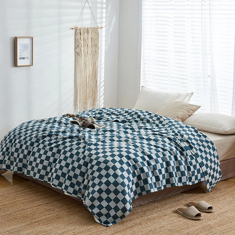 

Summer Breathable Cotton Blanket Plaid Pattern Home Office Air-conditioning Towel Blanket Travel RV Airplane Cover Blanket