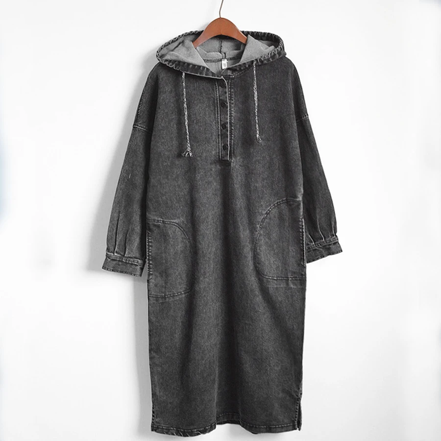 Fashion Oversized Hooded Denim Dress Women Casual Long Sleeve Loose Black Autumn Winter Dresses Female | Женская одежда
