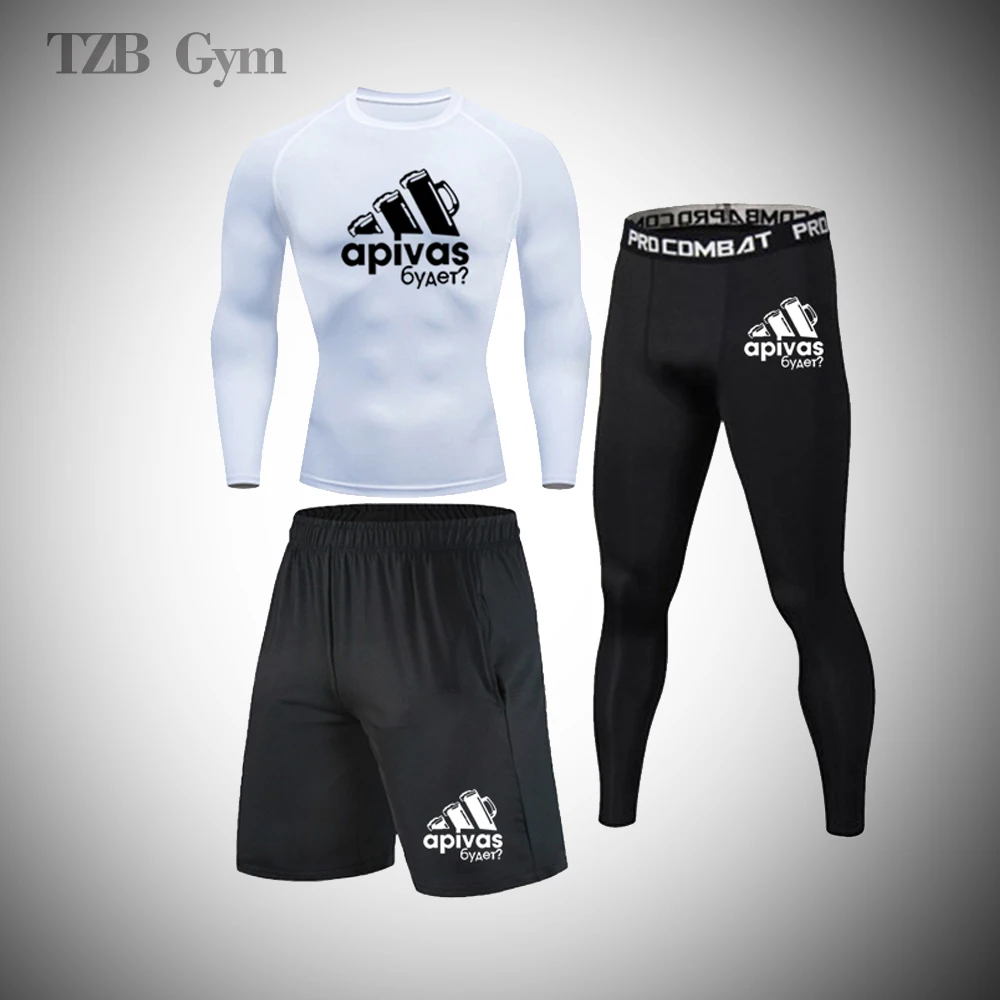 

Men 3 Pcs Fitness Sports Suit Boxing Judo Running Leggings Jogging Cycling Basketball Training Leggings Quick Drying Sportswear
