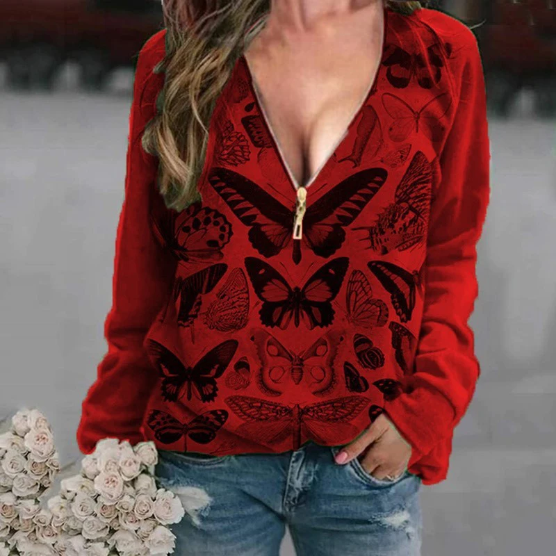 

2021 New Large Size Women Butterfly Print Full Sleeve T Shirt Spring Autumn Zipper V Neck Loose Tee Tops Fashion Casual Pullover