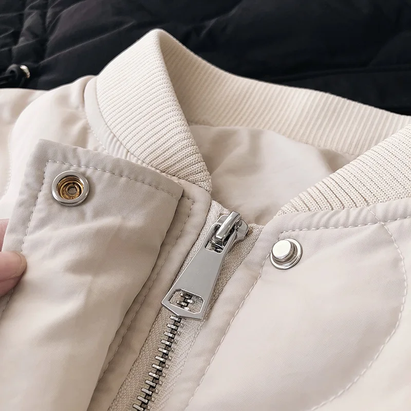

White eiderdown down jacket with standing collar and drawstring for ladies mid-length loose-fitting baseball jacket winter coat
