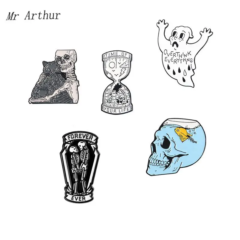 5 стилей Скелет гроб Эмаль Булавка призрак песочные часы брошь джинсовая одежда