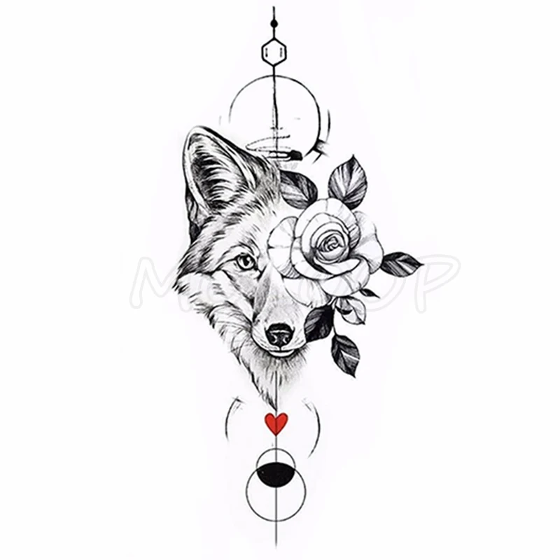 

Временная тату-наклейка, волк, роза, цветок, любовь, сердце, планета, дизайнерские Временные татуировки для женщин и мужчин, водостойкие накл...