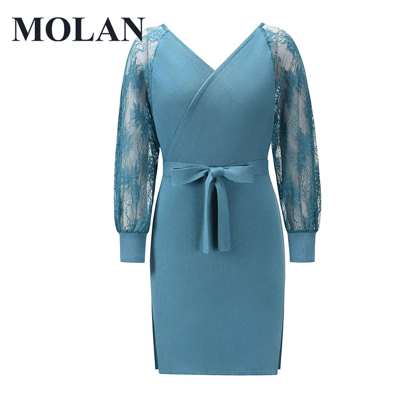 

Woamn Fashion Knitted Long Dress Sexy Lace Sleeve V Neck High Street Vocation Style Elegant Vestido Female Chic Beach Dress