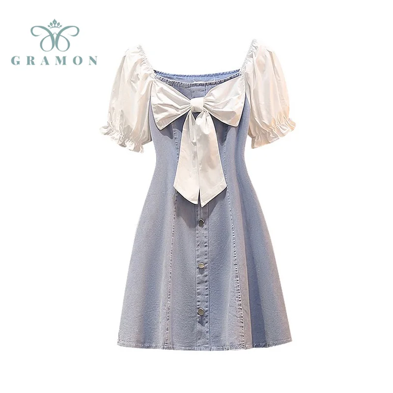 

Summer Vintage Denim Dress Women Patchwork Bow 2021 New Korean Casual Short Sleeve Square Neck Plus Size Female Sweet Vestidos