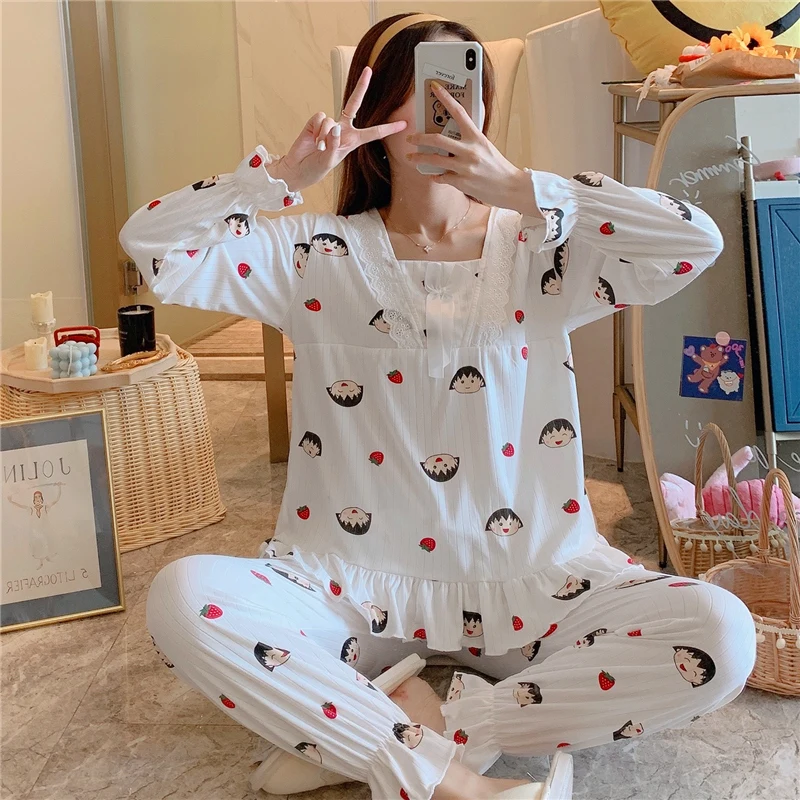 

Women's Pajamas Spring and Autumn Pure Cotton Cartoon Pullover Thin Cute Girl Student Long Sleeve Two-Piece Suit Homewear Summer