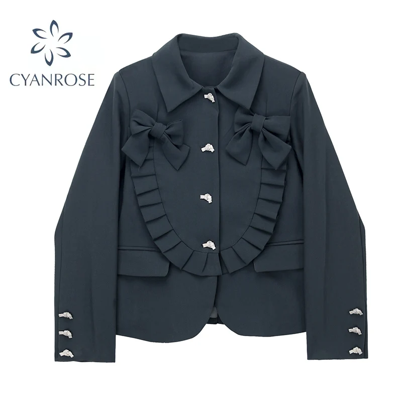 

Женский винтажный блейзер с длинным рукавом, черный блейзер в английском стиле с бантом и агарическим краем, осень 2021