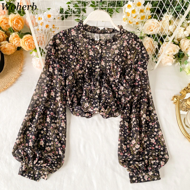 Woherb элегантная Милая шифоновая блузка с цветочным принтом и рукавами фонариками