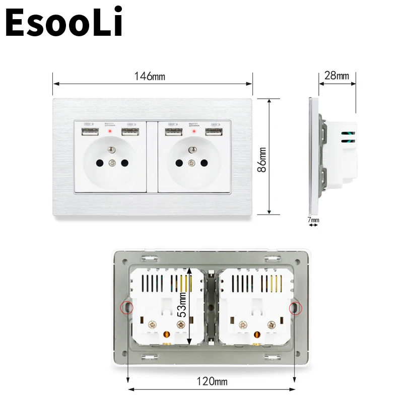 Золотая французская стандартная настенная розетка Esooli с 4 USB-портами для зарядки