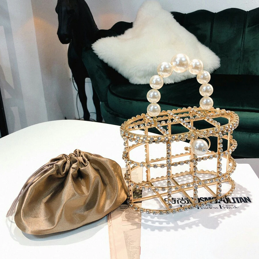 Женская вечерняя сумка клатч с жемчужной корзиной летняя металлическими