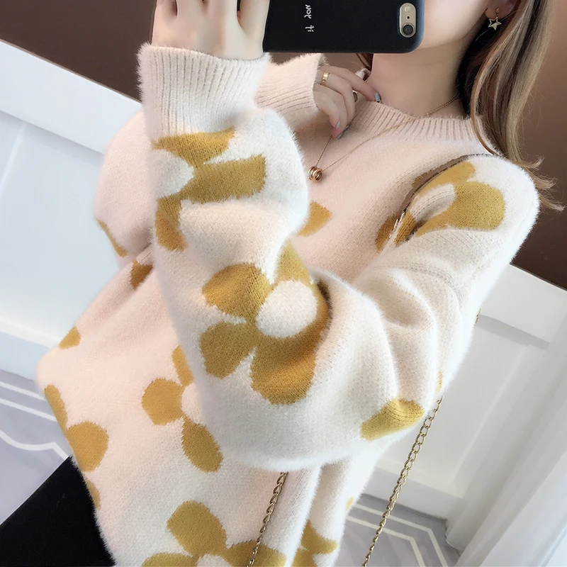 Sweater female loose 2019 new autumn and winter dress round neck pullover lazy wind knit bottoming shirt casual home | Женская одежда