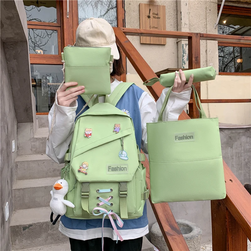 

4-piece Set Girl Backpack for School Bags Teenage Cute Ribbon Fashion Middle School Student Backpack Women 2021 New Nylon Green