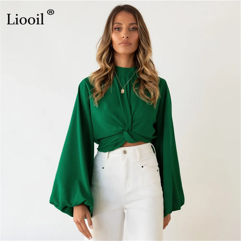 

Liooil Long Lantern Sleeve Crop Top T Shirt Ruched Top For Women Streetwear Casual Office Ladies T Shirts Autumn Winter 2021
