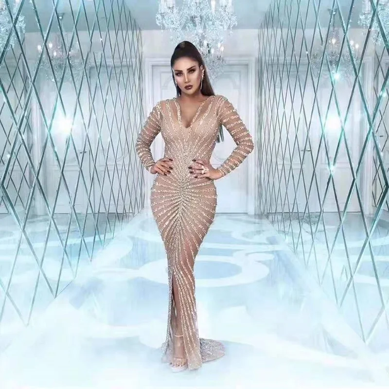 Женское длинное платье с блестками элегантное облегающее Сетчатое телесного