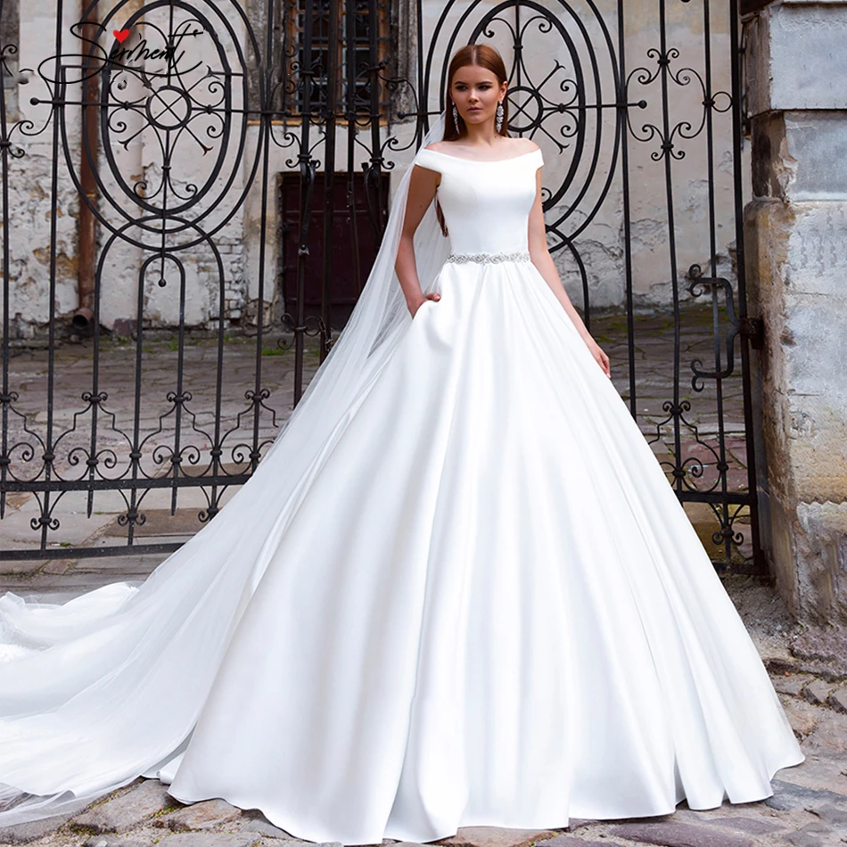 

BAZIIINGAAA без рукавов Круглый вырез простой сатин свадебное платье широкий плечевой ремень Мода невесты поддержка на заказ