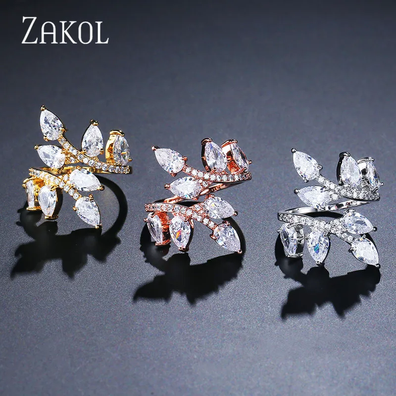 ZAKOL классические открытые кольца с кристаллами циркония в форме листа женские