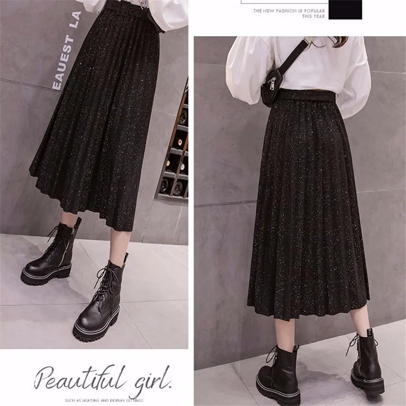 Женская Длинная трикотажная юбка серебристая блестящая плиссированная средней