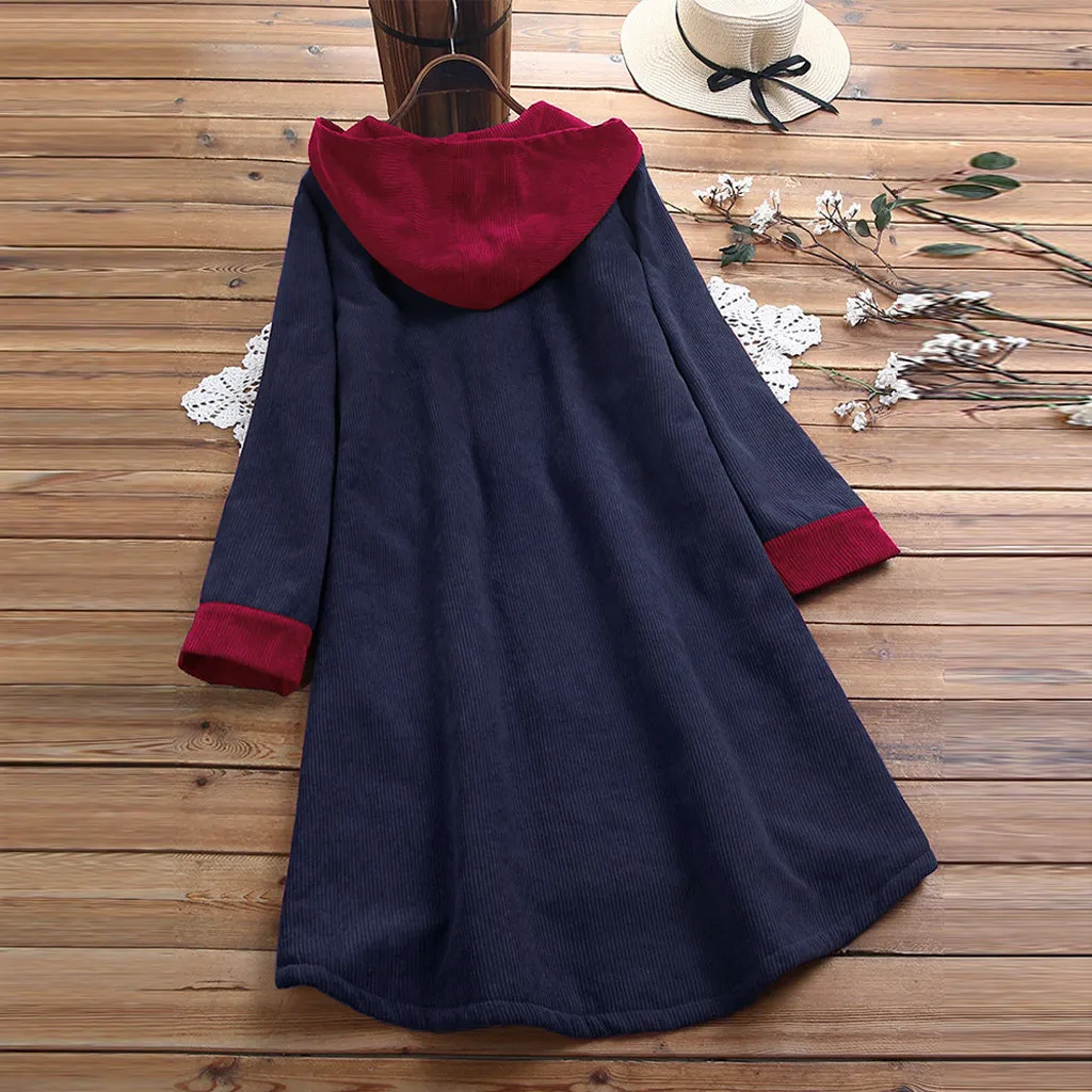 Женское вельветовое пальто с длинным рукавом нашивкой капюшоном|Женские куртки|