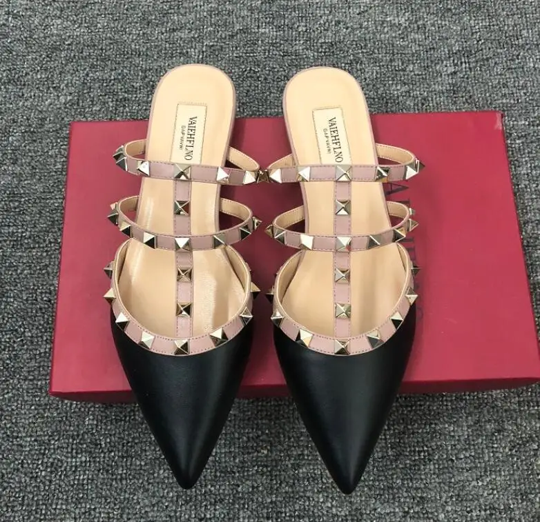 v brand shoes women flat slipper black nude patent leather real sandals with rivets 34-43 red box | Обувь