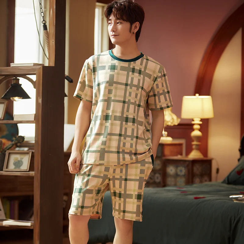 Для мужчин одежда для мальчиков Хлопковая пижама комплект 100% летняя Пижама