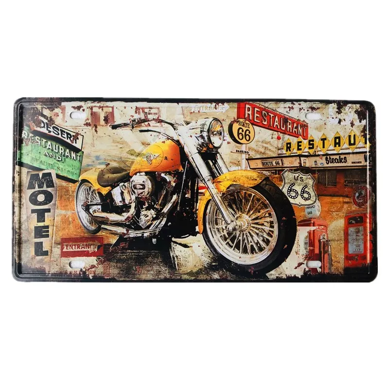 

Retro Motor Oil Motorcycle Car License Plate Route US 66 Motel Vintage Tin Signs Gasoline Wall Art Poster 15x30cm