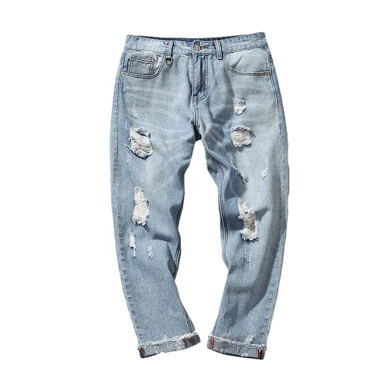 

Hole Ripped Jeans Men Loose Straight High Street Frayed Casual Pants Fashion Blue Mens Travel Ankle-length Trousers Biker Jeans