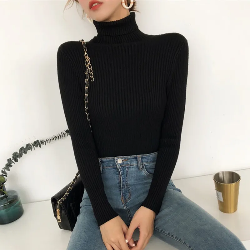 Wholesale Autumn Fall Women Sweater Slim Soft Long Sleeve High Neck Knit Pullover Sexy Stretch Turtleneck Black Sweaters | Женская