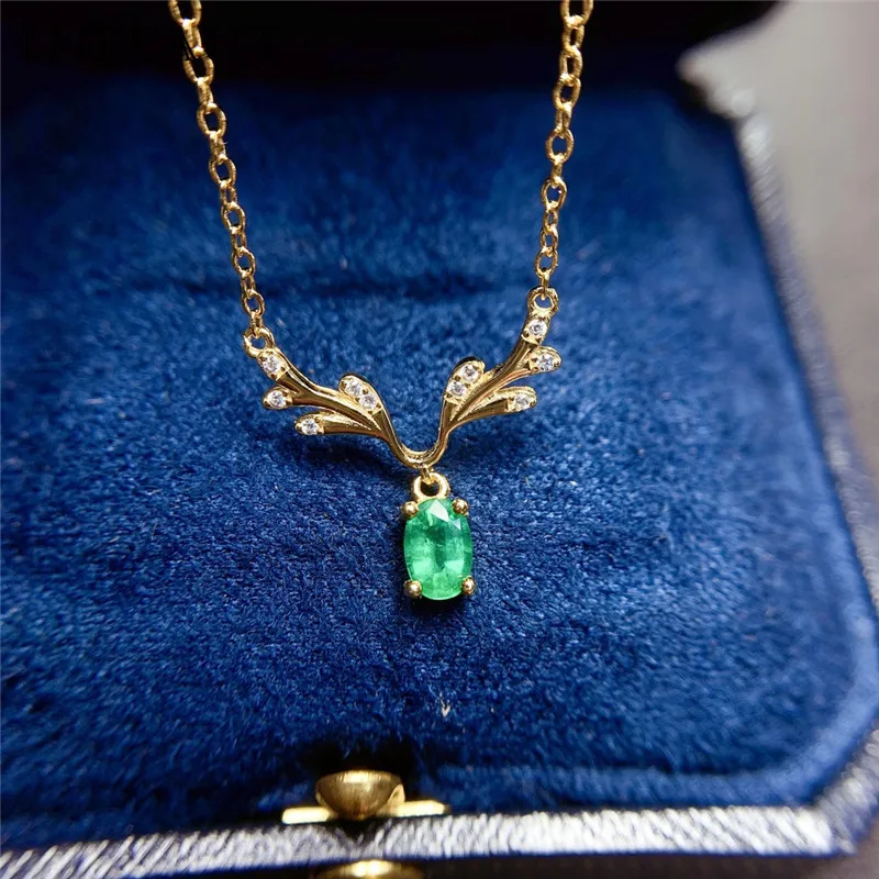 

925 Silver Fine Natural Colombian High Clarity 4*6mm Emerald Deer Shaped Pendant Necklace 18K Yellow Gold Plated
