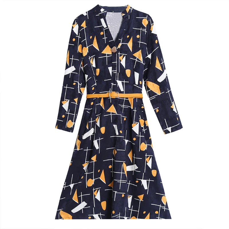 

Women Vintage Print Chiffon Long Sleeve Mini Dress Autumn Winter Chic Plus Size M-3XL Women Elegant Fashion Bodycon Dress
