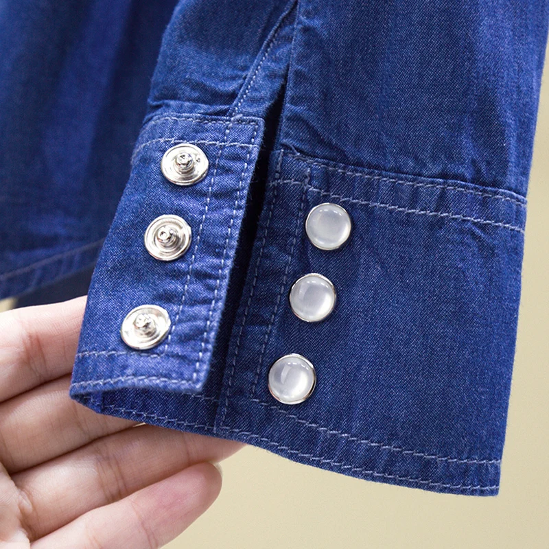 

Quality Womens Long Sleeve Denim Shirts 2021 New Spring Autumn Double Pocket Turn-down Collar All-matched Casual Blouse Top M641