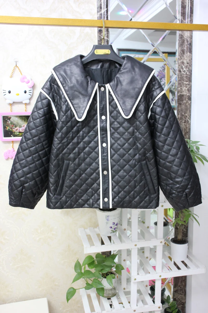 Winter Korean Style Women's High Quality Sheepskin Genuine Leather Peter Pan Collar Jackets Coat C740