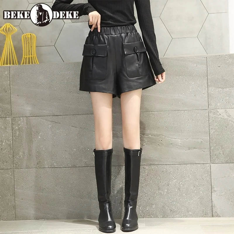 100% Sheepskin Casual Wide Leg Shorts Women Street Loose High Waist Real Leather Shorts Autumn New Minimalist Shorts Plus Size