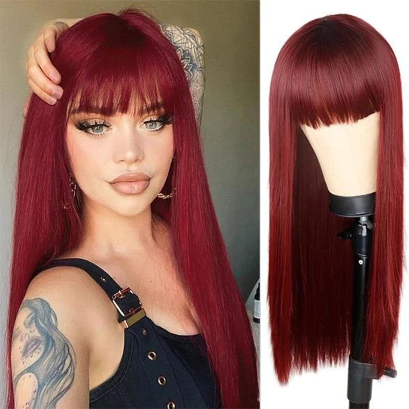 

YINGRUN Synthetic Wig Long Straight Hair Burgundy Wig With Bangs Ladies Daily Wear Wigs Heat-Resistant breathable burgundy wigs