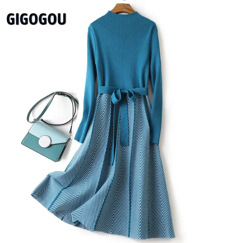 

GIGOGOU Luxury Jacquard Long Knit Women Maxi Sweater Dress Sahes Turtleneck A Line Dresses Christmas Party Midi Dress Vestidos
