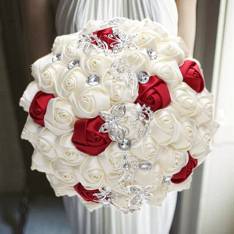 

1Pcs/lot Cream Bridal Wedding Bouquet With Silver Diamond Pearl For Wedding Decoration