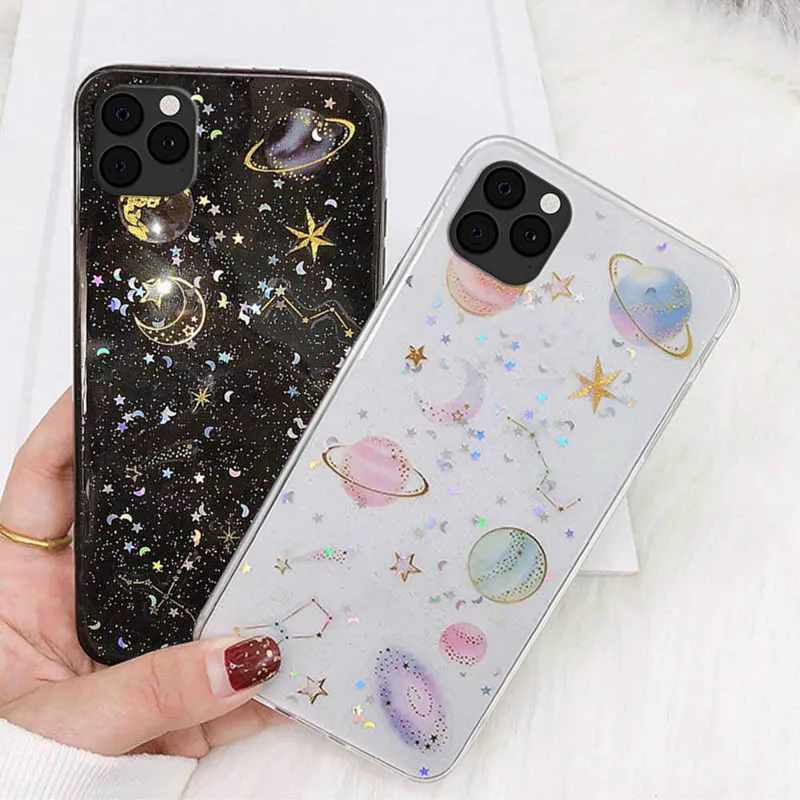 

Planet Glitter Phone Case For iPhone 12 11 Pro Max Xr X Xs Max 6 6s 7 8 Plus SE 2020 5s Cases Soft Epoxy Back Cover Clear Funda
