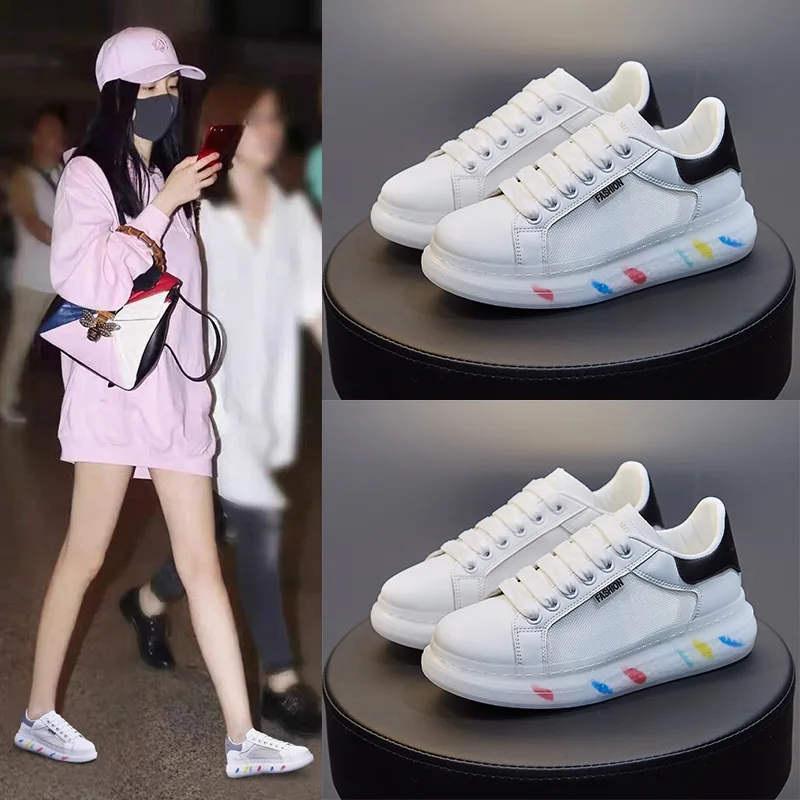 

Mesh breathable McQueen white shoes women 2021 summer new style Korean student thick bottom shoes women Flat Platform