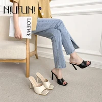 2021 summer womens slippers square toes sandals back white peeping toes womens shoes simple casual high heels stone pattern
