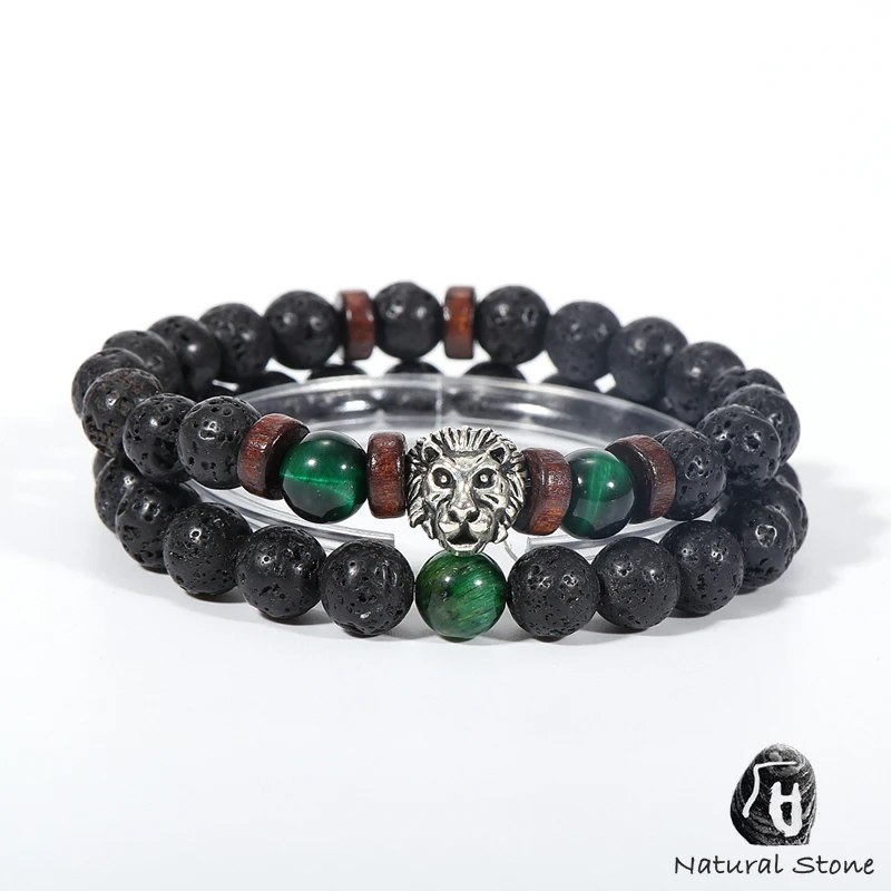 Мужской браслет из натурального камня лица тигровый глаз и лавовый камень