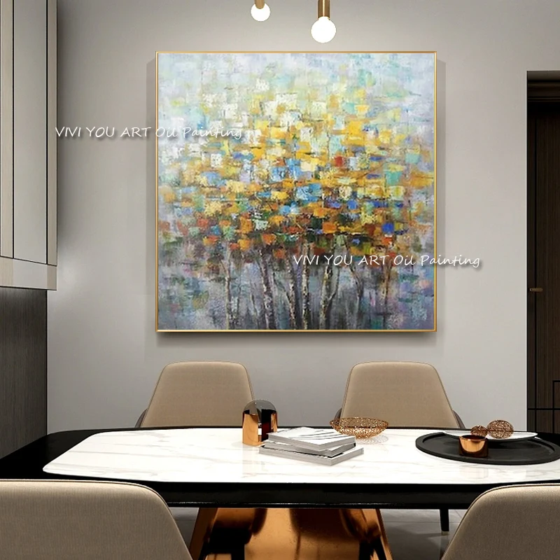 

Home Decoration Small Tree Yellow Red Hand Painted Abstract Canvas Painting Abstract Oil Painting Wall Picture for Living Room