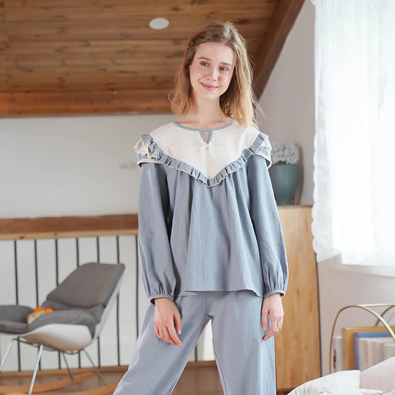 

XIFER Autumn New Style Pure Cotton Pajama Women's Retro Palace Style Embroidery Large Lace Home Service Suit Can Be Worn Outside