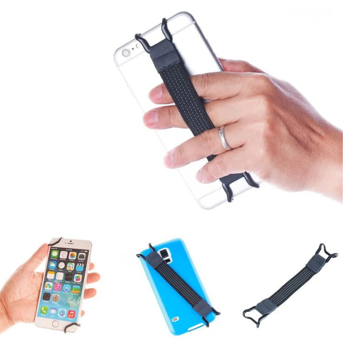 

1pcs Black Mobile Phone Holder Elastic Strap Metal Bracket One Hand Operation