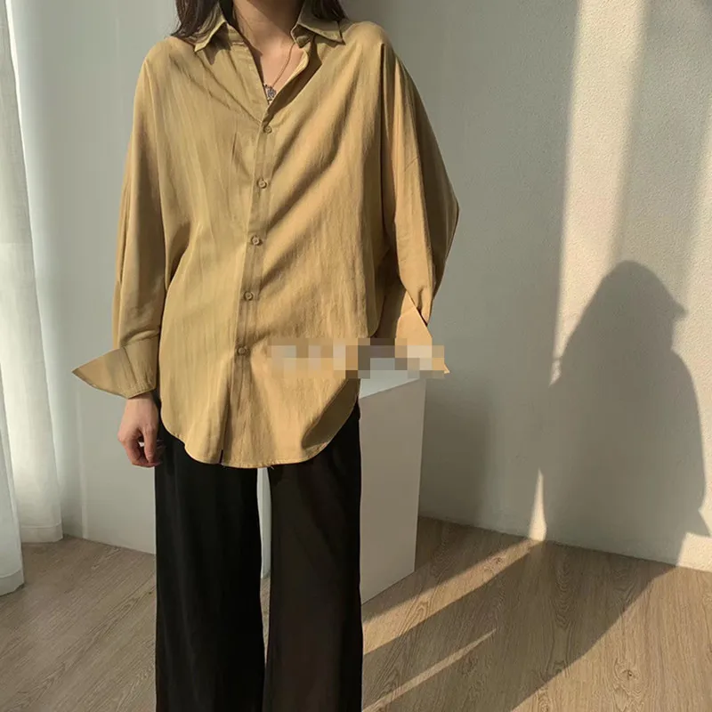 

2020 Women's Shirts white cotton linen tops blouses korean long sleeve khaki shirts drawstring waist oversized tops