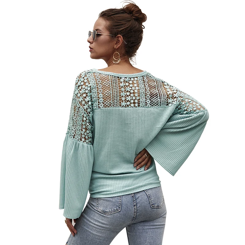 

2020 Women's Autumn Spring Knitted Blouse Solid Lace Casual Shirts Deep V Neck Loose Long Sleeve Single Breasted Ladies Tops