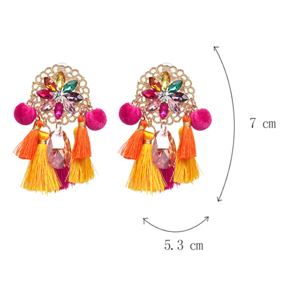 Boho Women Rhinestone Tassel Pompom Dangle Stud Earrings Long Statement Jewelry | Украшения и аксессуары