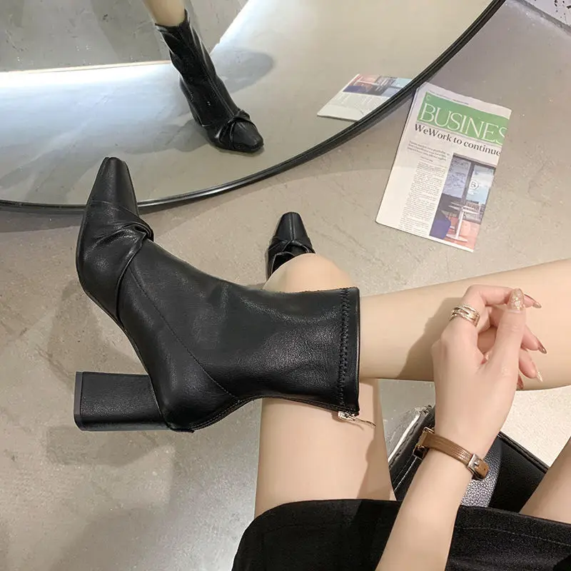 

Women's Back Zip Ankle Boots Fashion Autumn Winter Ladies Square Toe Shoes PU Leather Non Slip Booties Female Footwear New
