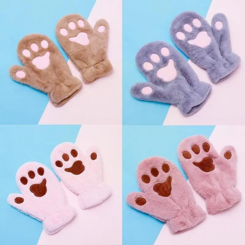 Женские зимние плюшевые перчатки с медведем кошачьими лапами и когтями милые